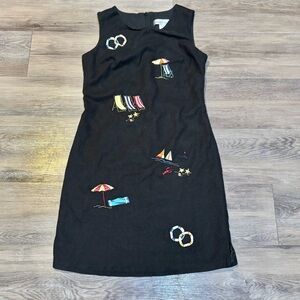 Black linen blend embroidered summer beachy themed sleeveless sheath dress Sz 8